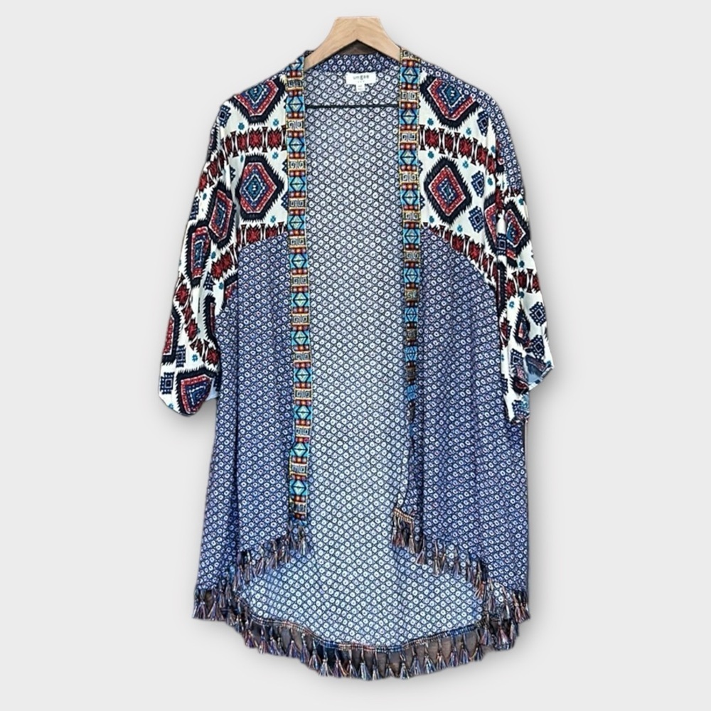Umgee Mixed Print Tassel Detail Open Front Kimono… - image 1